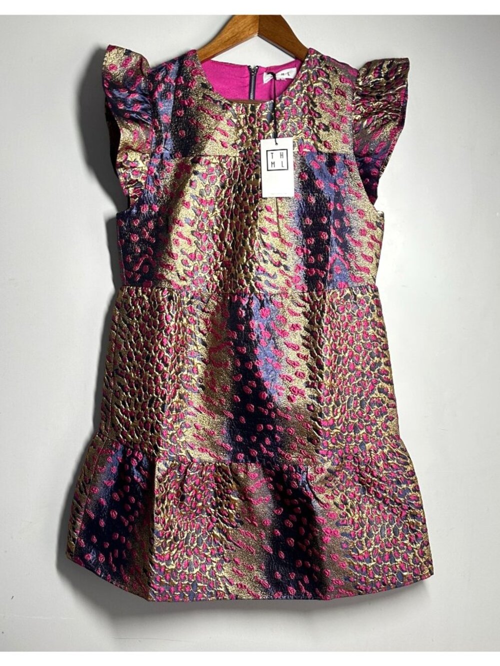 THML Women’s S Metallic Gold Pink Jacquard Mini Dress Tiered Ruffle Sleeve NWT